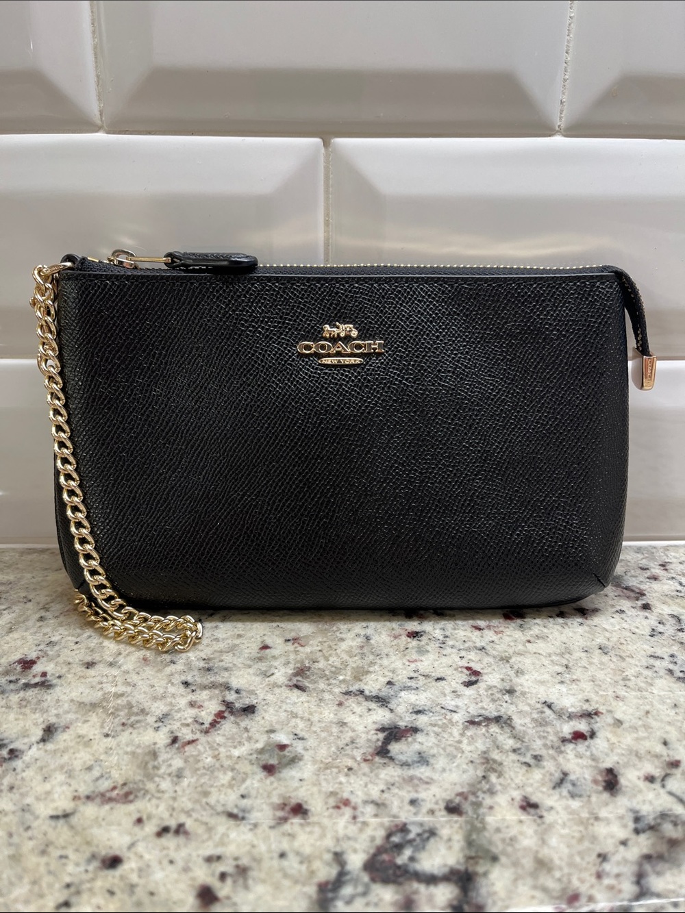 Coach Black Leather Large Zip Wristlet Clutch NWOT